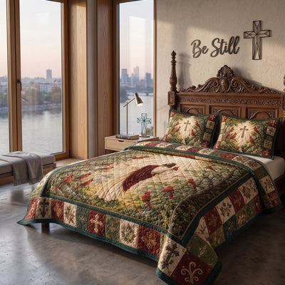 Jesus and Cardinal Quilt Bedding Set, Christian Bedroom Decor