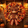 Fall wreath with highland cow face surrounded by autumn maple leaves, sunflowers, berries, fairy lights and a burlap bow on a rustic wooden door
