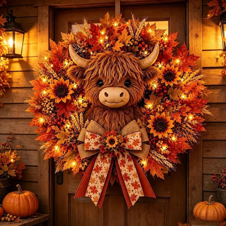 Handmade Highland Cow Fall Wreath with LED Lights, Autumn Maple Leaf & Sunflower Front Door Decor
