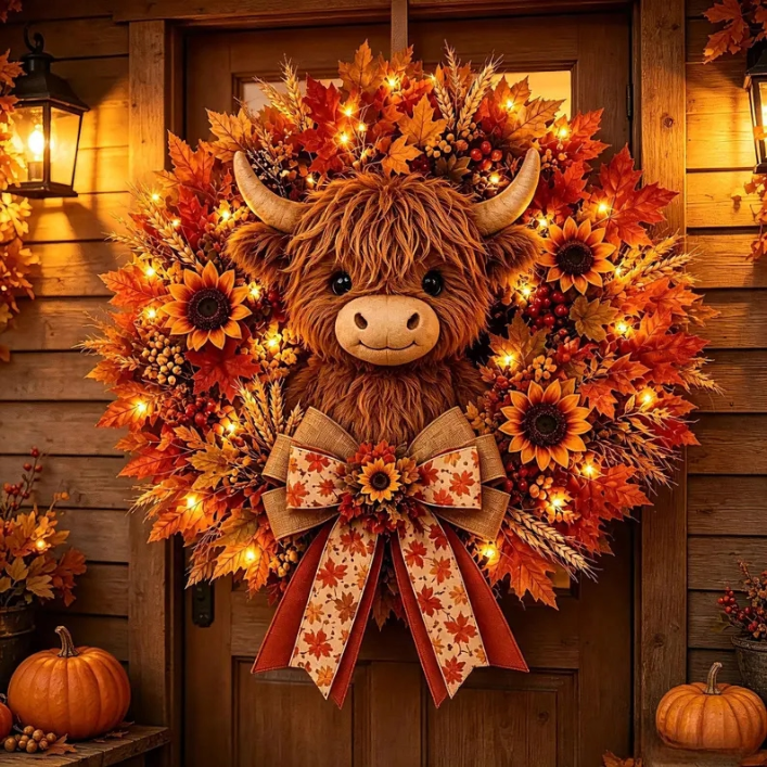 Fall wreath with highland cow face surrounded by autumn maple leaves, sunflowers, berries, fairy lights and a burlap bow on a rustic wooden door