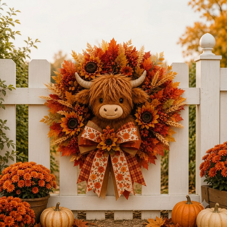 Handmade Highland Cow Fall Wreath with LED Lights, Autumn Maple Leaf & Sunflower Front Door Decor