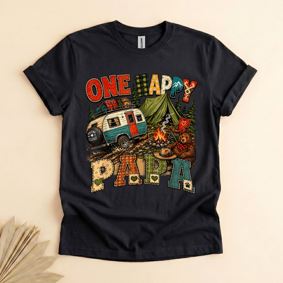 Happy Camping Papa Shirt, Retro Campfire Tee for Dads