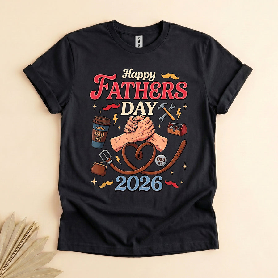 Happy Fathers Day 2026 T-Shirt, Retro Dad Handshake Tee