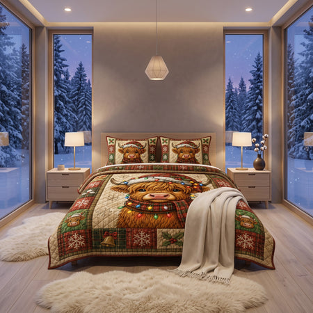 Christmas Highland Cow Quilt Set, Festive Holiday Bedding Gift