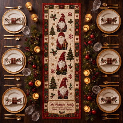 Personalized Christmas Gnome Quilted Table Runner, Custom Family Name Holiday Decor