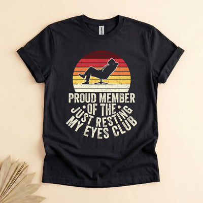 black funny napping t-shirt for dads with retro sunset silhouette and Just Resting My Eyes Club text