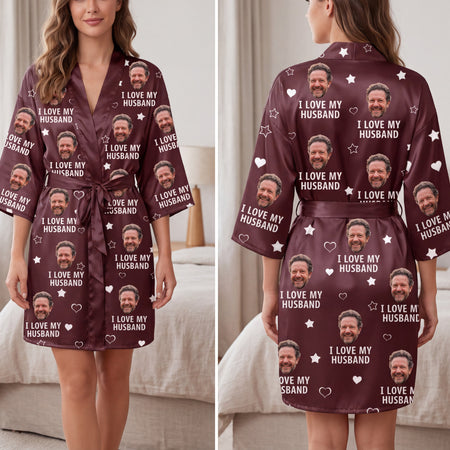 Personalized Husband Photo Satin Robe, Custom Face Gift for Wife