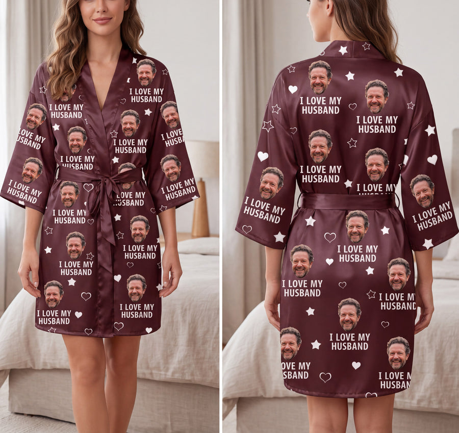 Personalized Husband Photo Satin Robe, Custom Face Gift for Wife