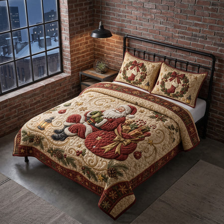 Christmas Santa Quilted Bedding Set, Cozy Holiday Quilt Cover