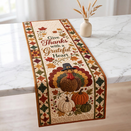 Thanksgiving Quilted Table Runner, Grateful Heart Turkey Harvest Decor