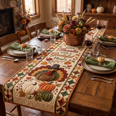Thanksgiving Quilted Table Runner, Grateful Heart Turkey Harvest Decor