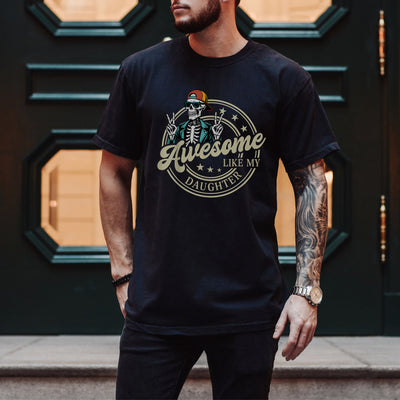 milytary green unisex t-shirt with a cool skeleton in sunglasses and cap flashing peace signs, awesome like my daughter shirt graphic