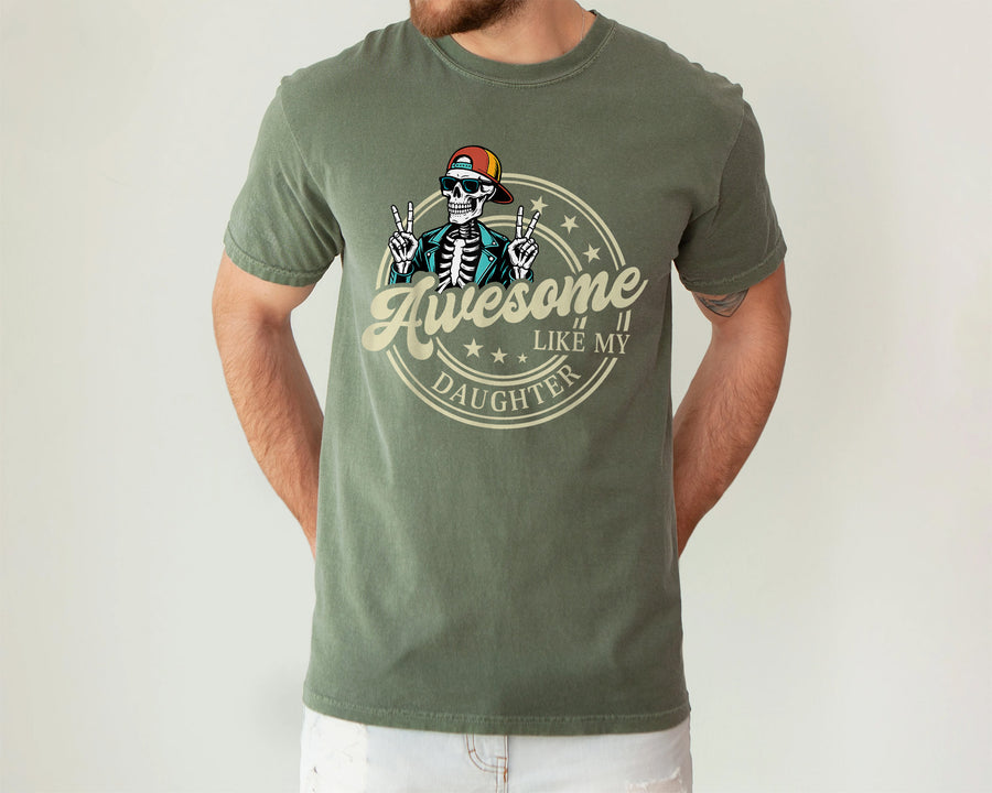 milytary green unisex t-shirt with a cool skeleton in sunglasses and cap flashing peace signs, awesome like my daughter shirt graphic