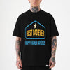 Black unisex t-shirt with retro blue badge graphic reading Best Dad Ever and Happy Father Day 2026 with a gold star