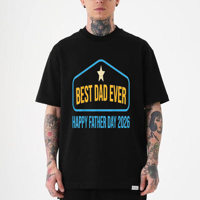 navy unisex t-shirt with retro blue badge graphic reading Best Dad Ever and Happy Father Day 2026 with a gold star