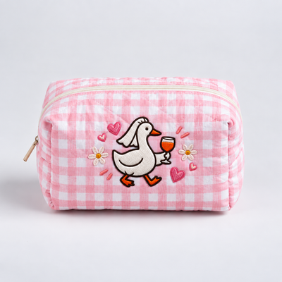 Silly Goose Bride With Wine Glass - Embroidered Quilted Makeup Bag
