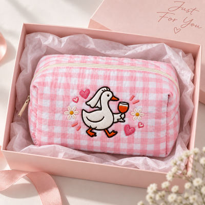 Silly Goose Bride With Wine Glass - Embroidered Quilted Makeup Bag