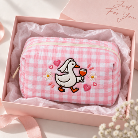 Silly Goose Bride With Wine Glass - Embroidered Quilted Makeup Bag