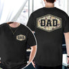 Light blue camo dad shirt showing a retro duck camouflage hexagon badge with bold DAD lettering on the back and chest