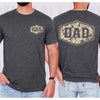 Dark Heather camo dad shirt showing a retro duck camouflage hexagon badge with bold DAD lettering on the back and chest
