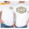 White camo dad shirt showing a retro duck camouflage hexagon badge with bold DAD lettering on the back and chest