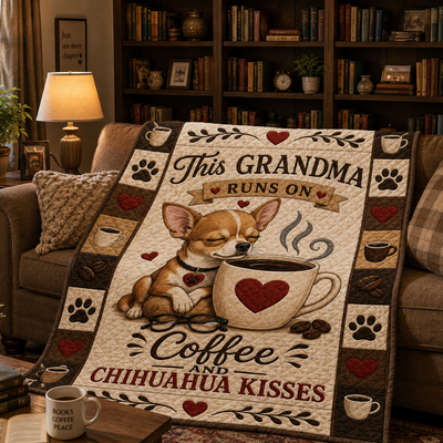 Chihuahua Grandma Quilted Blanket, Coffee Lover Gift