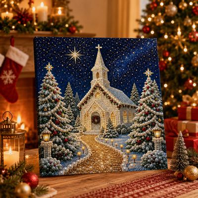 Pearl Diamond Art Kit for Christmas, Snowy Church Wall Decor