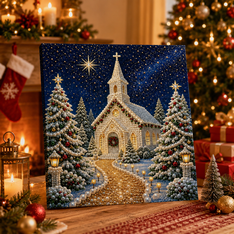 Pearl Diamond Art Kit for Christmas, Snowy Church Wall Decor