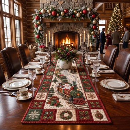 Christmas Table Runner Quilted, Santa Train Holiday Decor