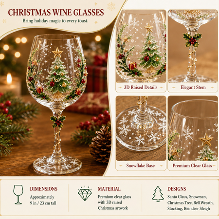 Christmas Wine Glasses Gift Set, Festive Holiday Goblets Box