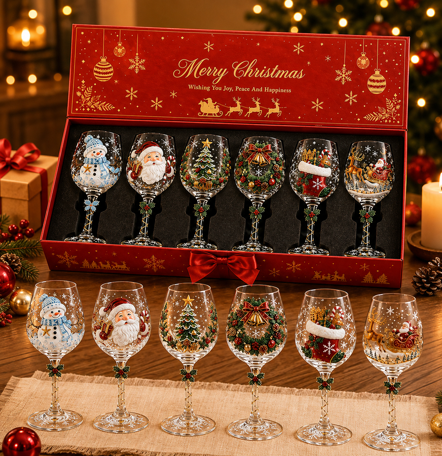 Christmas Wine Glasses Gift Set, Festive Holiday Goblets Box