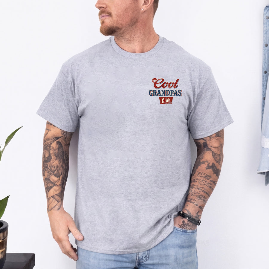 Sportgrey unisex t-shirt with a retro Cool Grandpas Club graphic printed on the left chest in red and dark lettering.