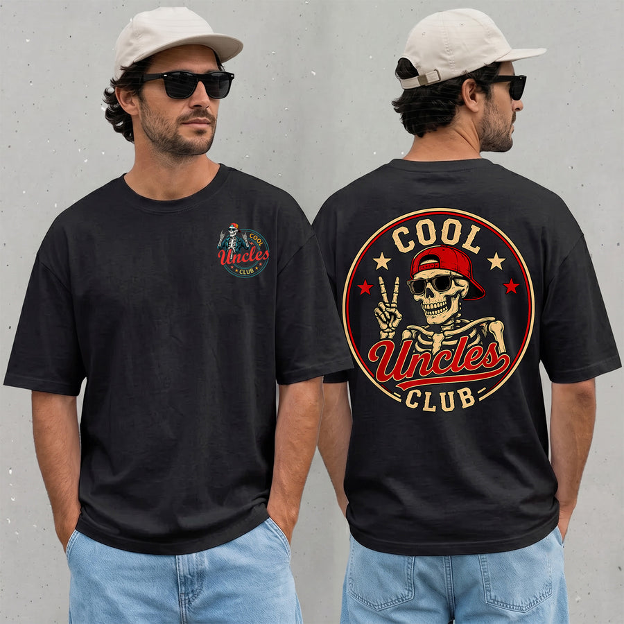 black unisex cool uncles club shirt featuring a skeleton in sunglasses and a red cap throwing a peace sign, front pocket print and full back graphic