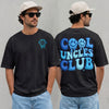 black unisex cool uncles club shirt with bold blue bubble lettering and dripping smiley face graphic, front and back print