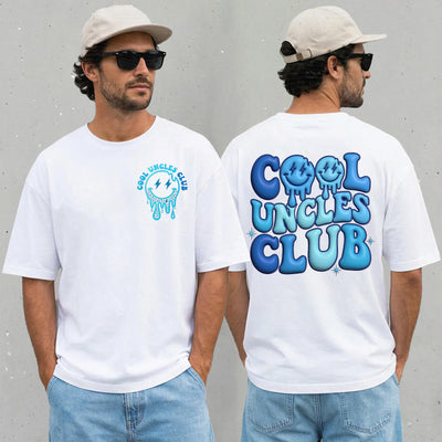 black unisex cool uncles club shirt with bold blue bubble lettering and dripping smiley face graphic, front and back print