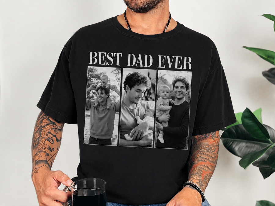 Black unisex tee printed with Best Dad Ever headline and three black-and-white custom photos of a dad with his baby, custom photo shirt for dad