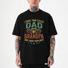 Black unisex dad and grandpa shirt with distressed text reading I Have Two Titles Dad and Grandpa and I Rock Them Both