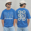 Royal blue dad car track shirt showing a winding road playmat printed on the back, perfect funny Father's Day gift