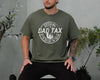 Black unisex t-shirt with distressed stamp graphic reading Official Dad Tax If I'm Buyin' I'm Tryin', dad fathers day gifts idea