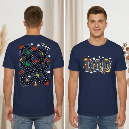 Dad Race Track T-Shirt, Fun Car Playmat Back Print Tee