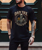 Black unisex t-shirt with a skull in a cap holding a burger and beer, dad tax funny dad t-shirt graphic with rope border