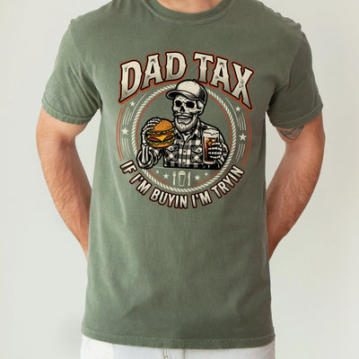 milytary green unisex t-shirt with a skull in a cap holding a burger and beer, dad tax funny dad t-shirt graphic with rope border