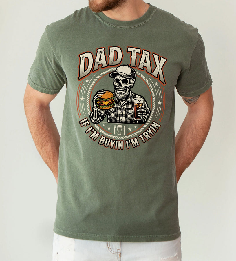 milytary green unisex t-shirt with a skull in a cap holding a burger and beer, dad tax funny dad t-shirt graphic with rope border