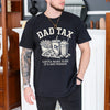 black unisex t-shirt with dad tax funny graphic showing fries, burger and drink, reading gotta make sure it's not poison