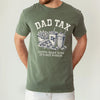 milytarygreen unisex t-shirt with dad tax funny graphic showing fries, burger and drink, reading gotta make sure it's not poison