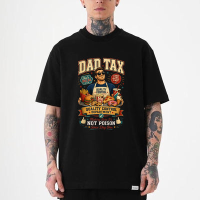 Black unisex t-shirt with a retro dad tax quality control department design featuring a cool dad surrounded by junk food