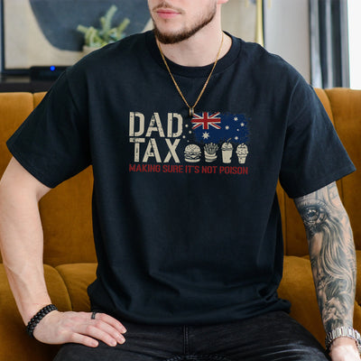 Black dad tax shirt with US flag graphic and text making sure it's not poison, featuring burger fries and milkshake icons