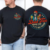 Black unisex dad tax shirt with skeleton holding fries, drink and ice cream, front pocket logo and large back print reading Dad Tax Making Sure It's Not Poison