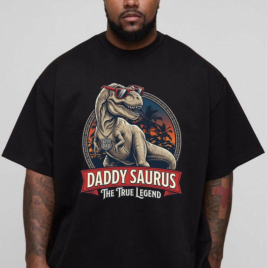 Black unisex t-shirt featuring a cool T-Rex dinosaur wearing red sunglasses above the text Daddysaurus, funny daddysaurus t-rex shirt for dad