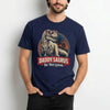 navy unisex t-shirt featuring a cool T-Rex dinosaur wearing red sunglasses above the text Daddysaurus, funny daddysaurus t-rex shirt for dad